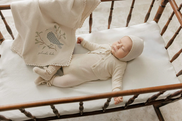 Peluche Stone Blue Knit Cross Stitch Blanket and Bonnet