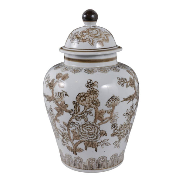 Brown & White Ceramic Chinoiserie Bird Ginger Jar