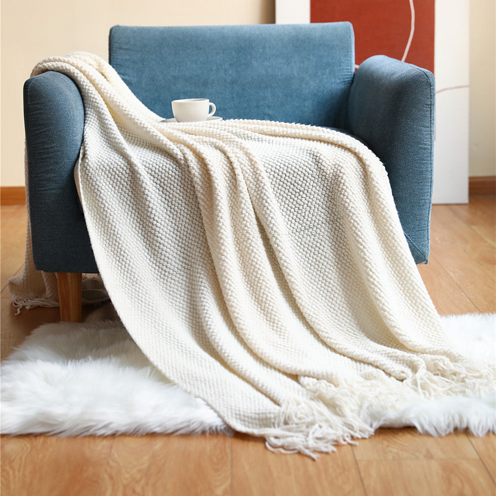 Ivory Textured Knit Throw Blanket with Fringe – A Perfect Present