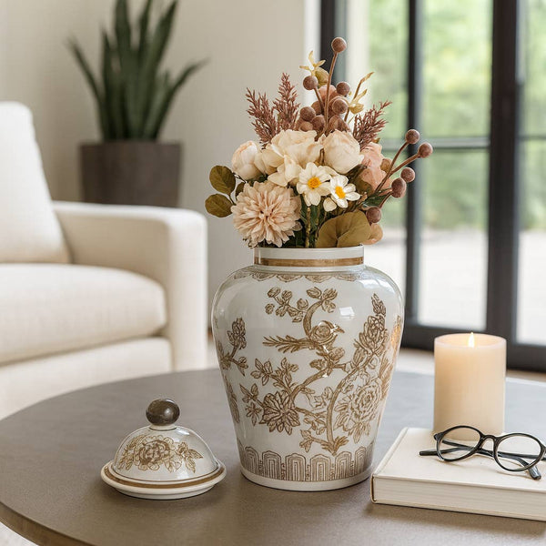 Brown & White Ceramic Chinoiserie Bird Ginger Jar