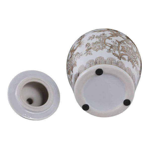 Brown & White Ceramic Chinoiserie Bird Ginger Jar