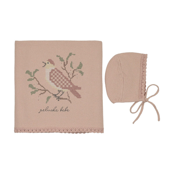 Peluche Rose Knit Cross Stitch Blanket and Bonnet