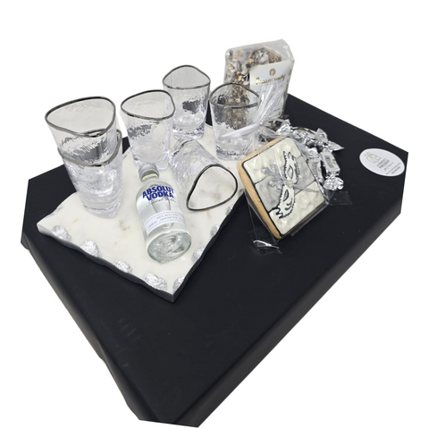 Triangular Shot Glass & Marble Tray Set Mishloach Manos- White