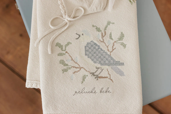 Peluche Stone Blue Knit Cross Stitch Blanket and Bonnet