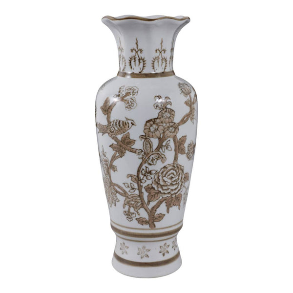 Brown & White Ceramic Bird and Vines Tall Vase