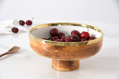 Wood Look Porcelain Footed Medium Bowl