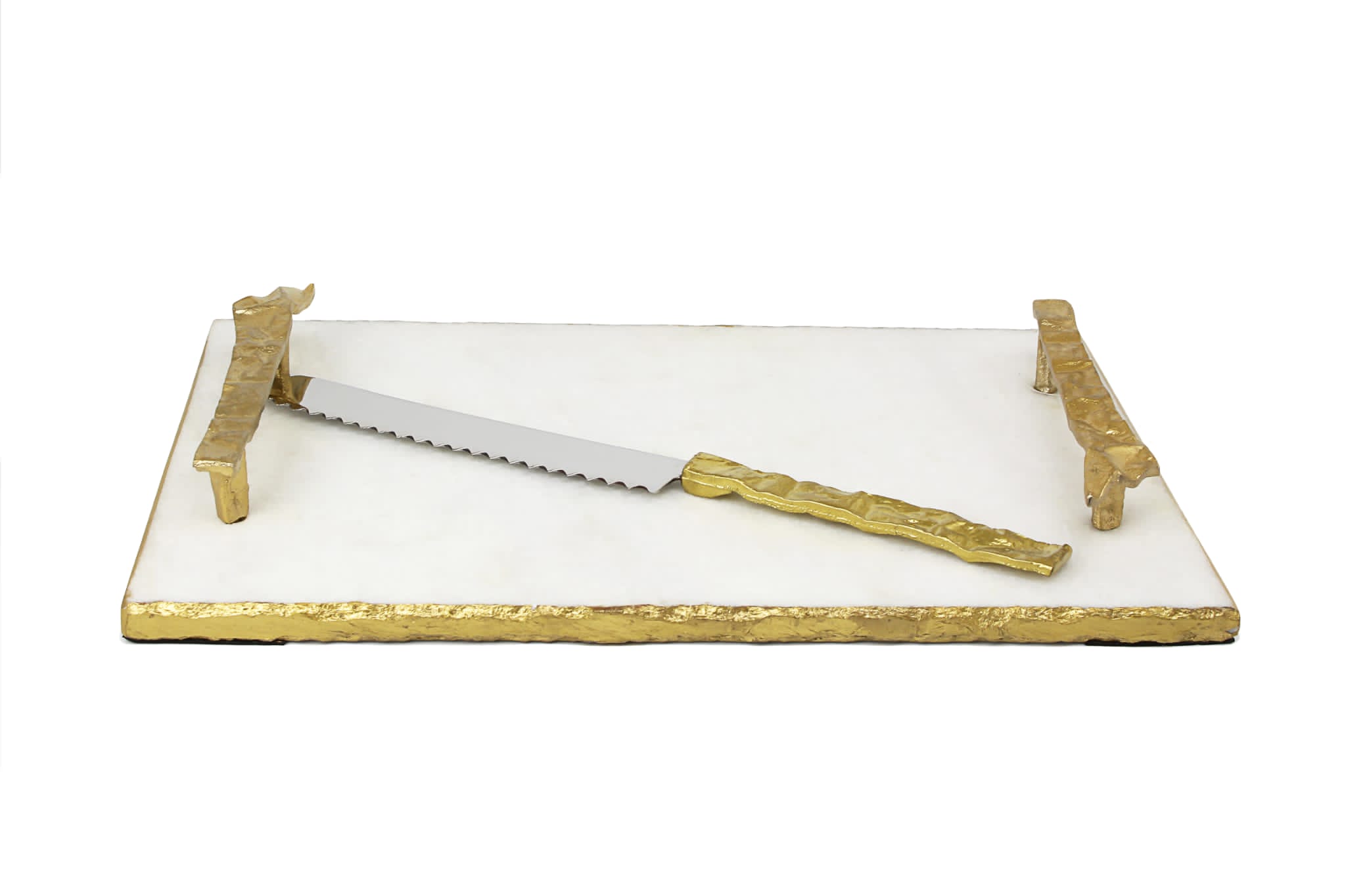 Golden | White Marble Challah Board with a knife