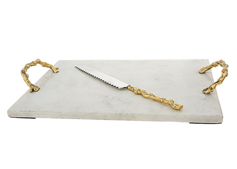 Golden | Gray Marble Challah Board with a knife