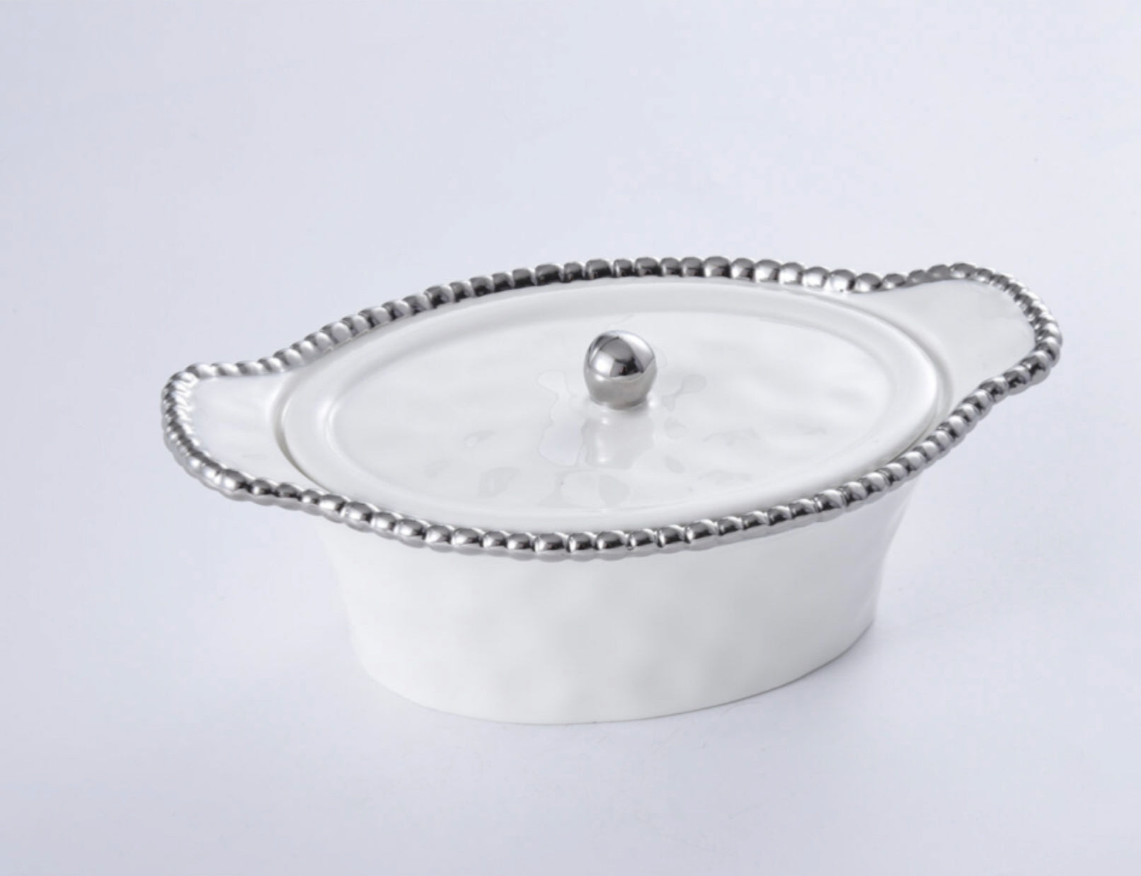 Oval Covered Baker - White | Silver