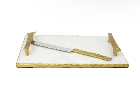 White Marble Challah Tray Gold Handles with knife